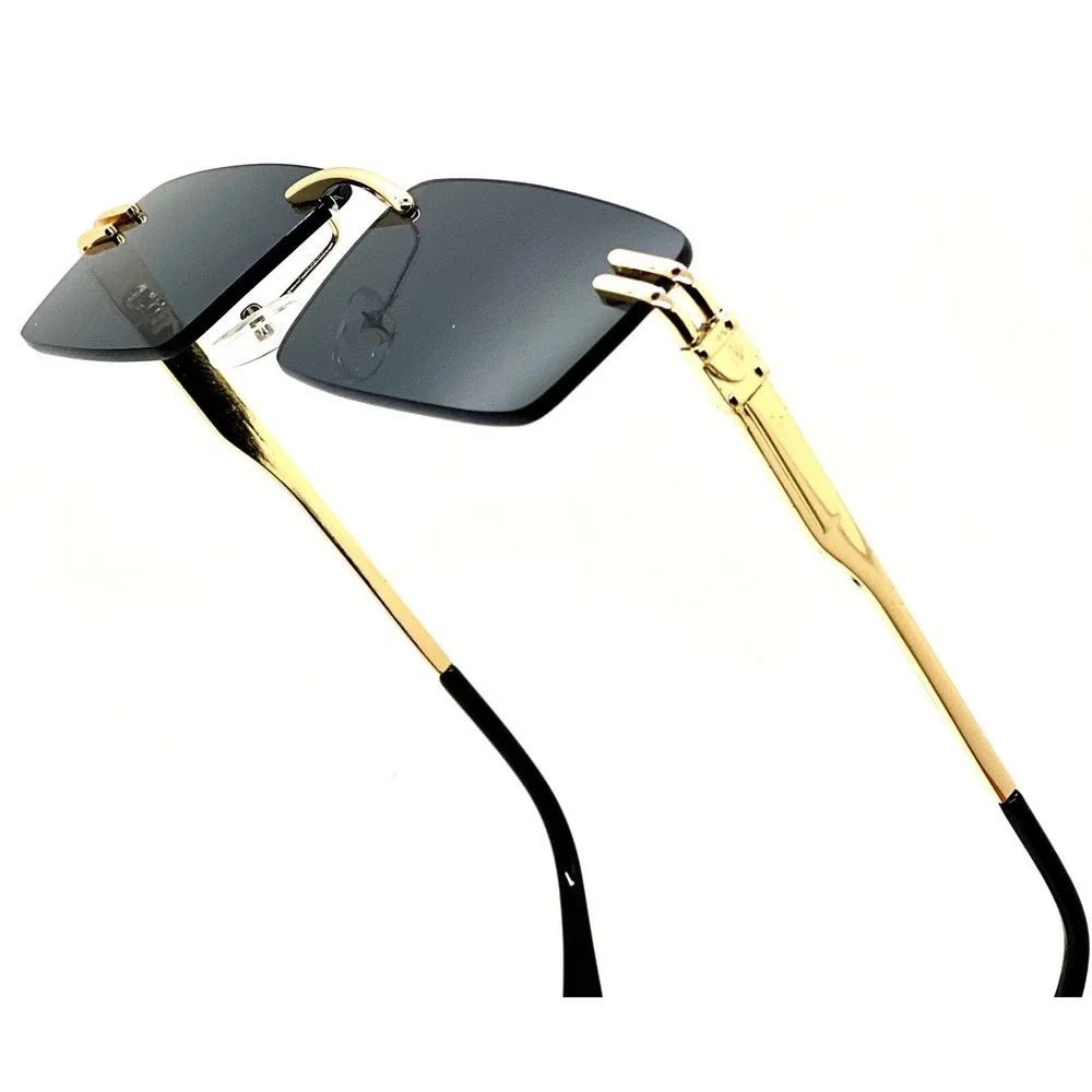 Men's Vintage Rimless Dark Black‎ Tint Gold Frame Woodgrain Hip Hop Sunglasses